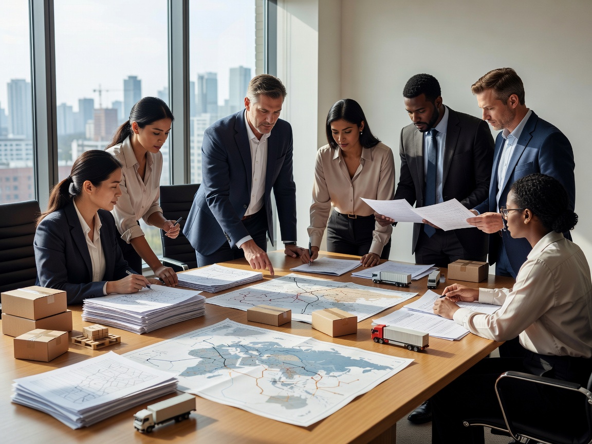 Cross-border office relocation team reviewing multi-country shipment documents and route schedules