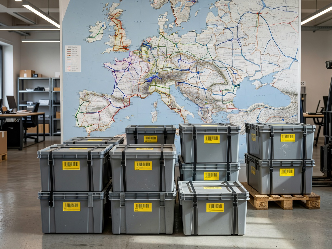 European freight corridor map with office crates prepared for cross-border transport planning