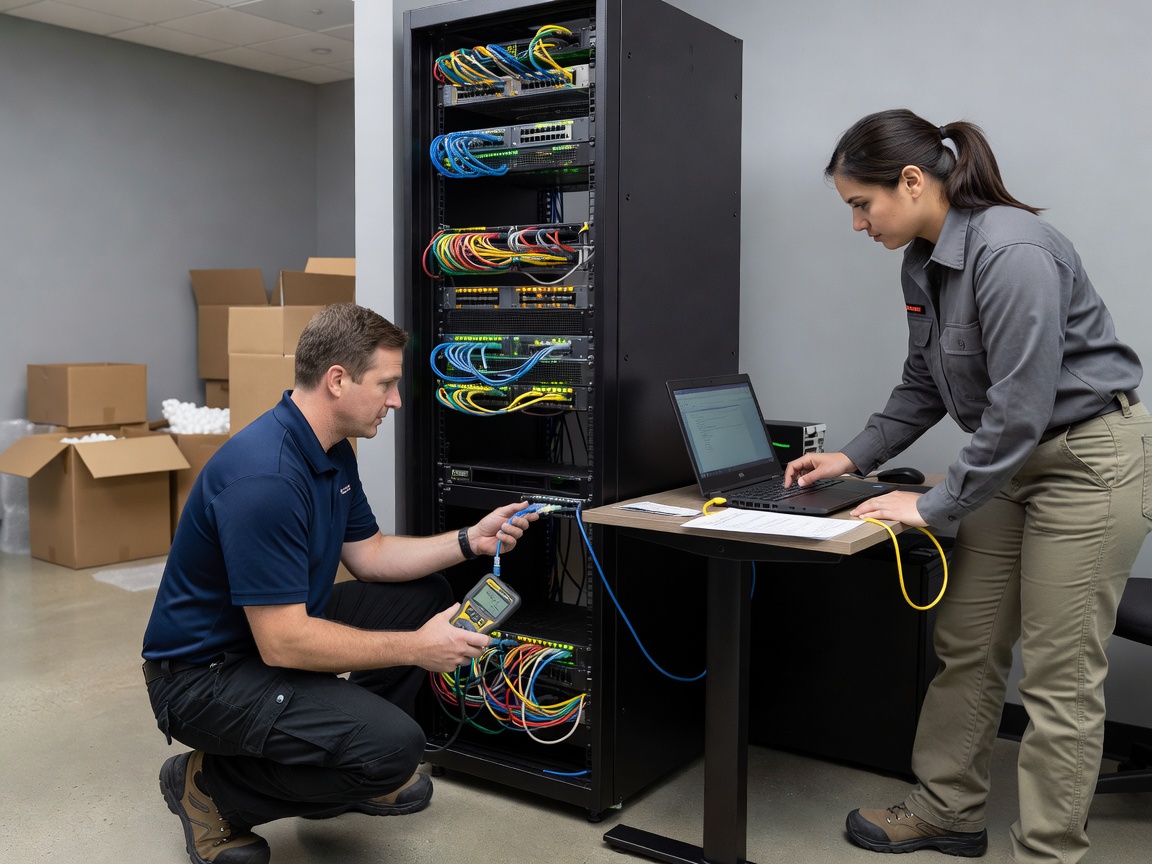 IT relocation engineers testing network rack and endpoint connectivity after office move cutover