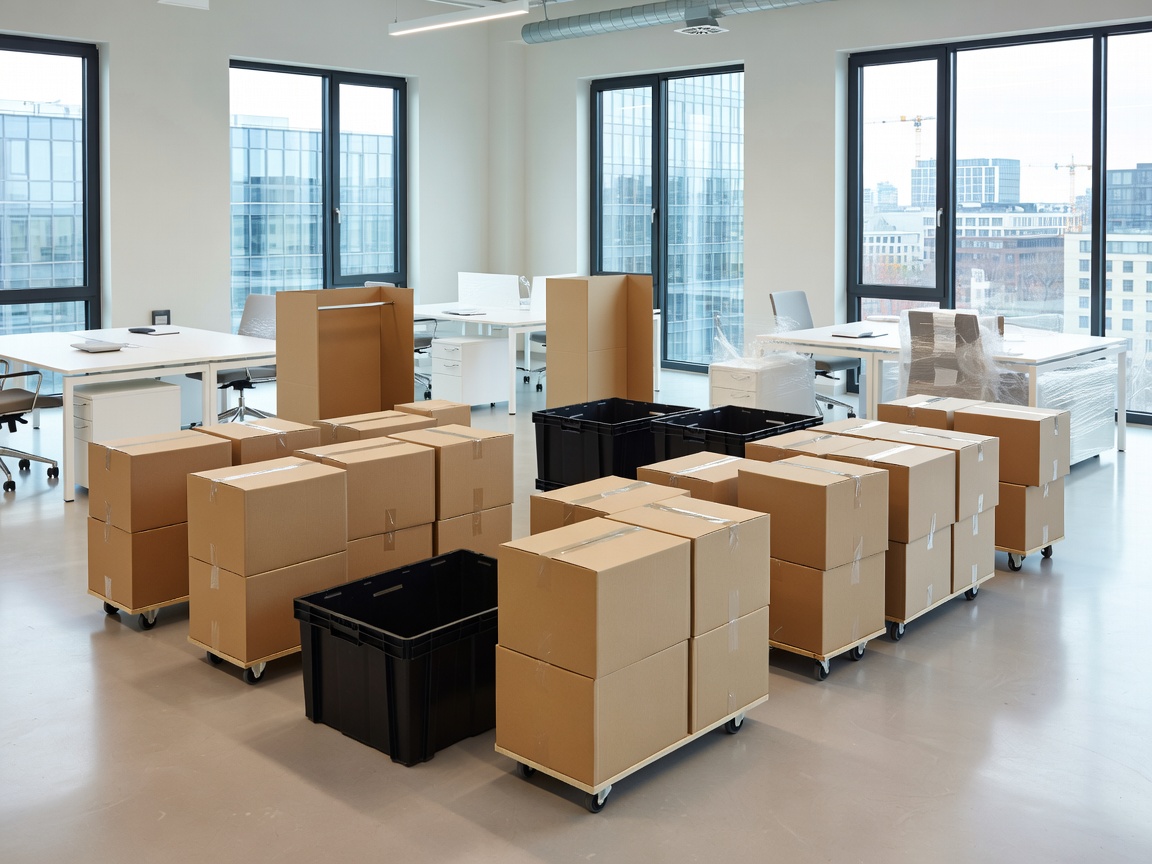Modern European office interior prepared for organized business relocation