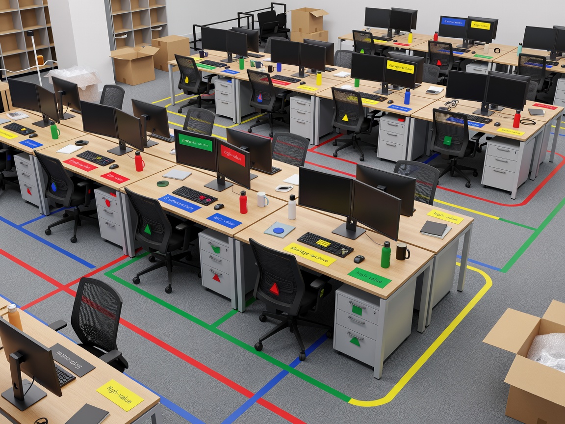 Office workstations labeled for structured relocation planning