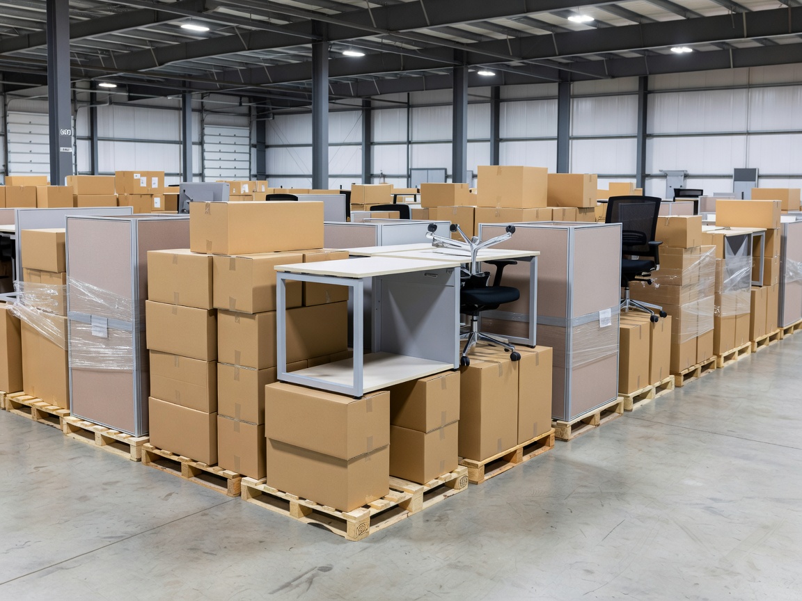 Organized office boxes and modular furniture ready for transport logistics