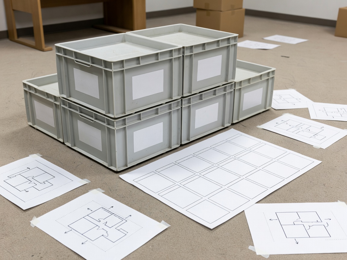 Printed move checklist with labeled office crates and floor zoning notes