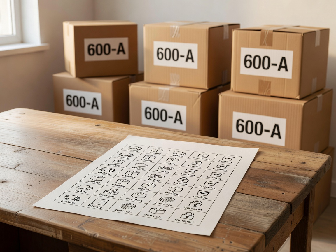 Printed office relocation checklist with labeled packing crates in background