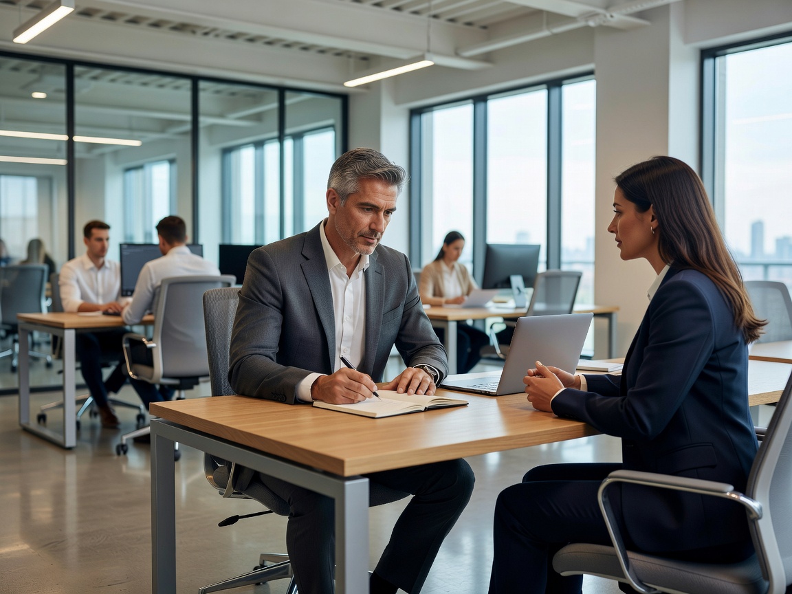 Professional office relocation consultant taking client inquiry notes in a modern workspace