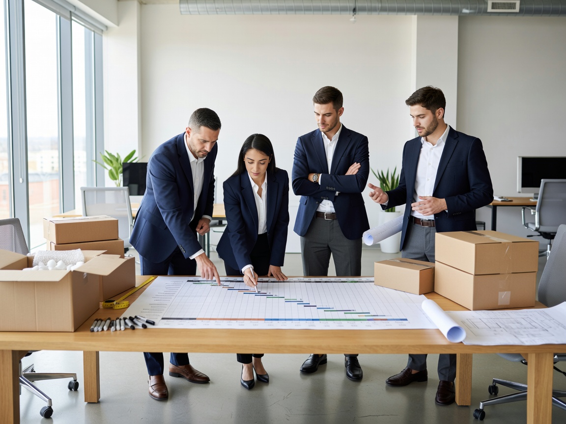 Project team coordinating a structured office relocation timeline in a modern workspace