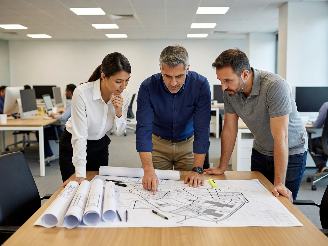 Relocation coordinators reviewing route and access plans for office move