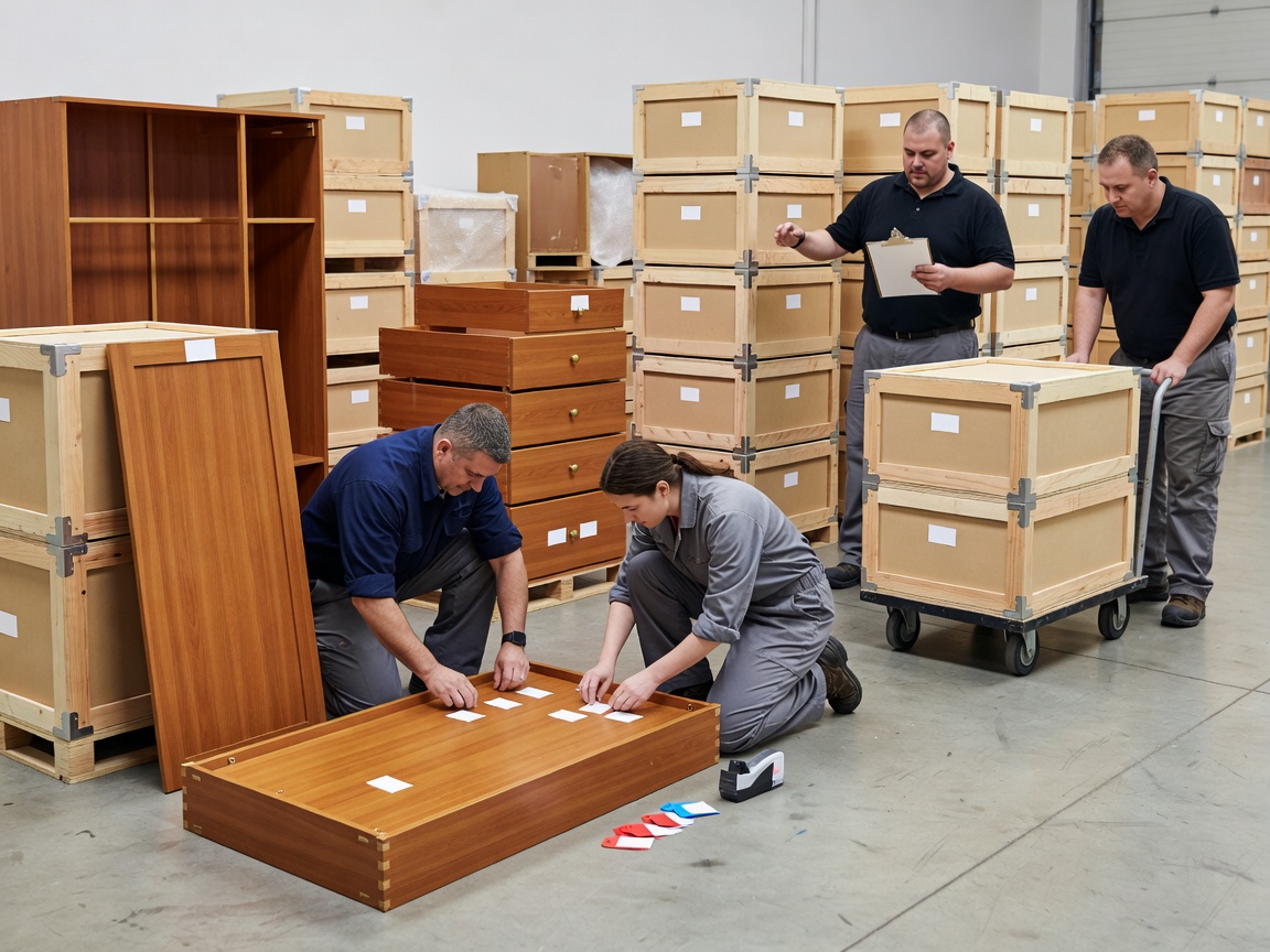 Relocation team labeling furniture components and inventory crates for sequenced destination delivery