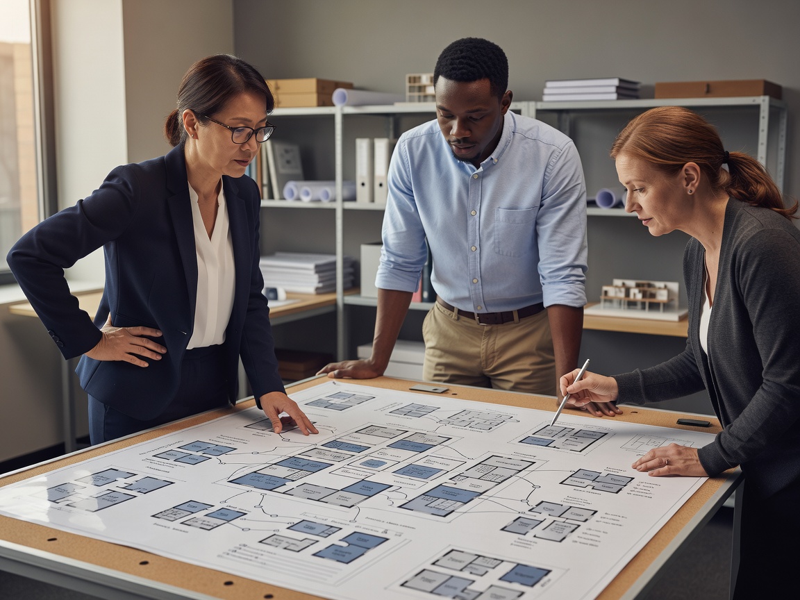 Workplace planning specialists reviewing floor zoning and department adjacency strategy board